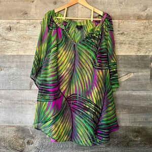 Worthington Semi-Sheer Palm Print V-Neck Top Green Pink 3X Bell Sleeve Flowy